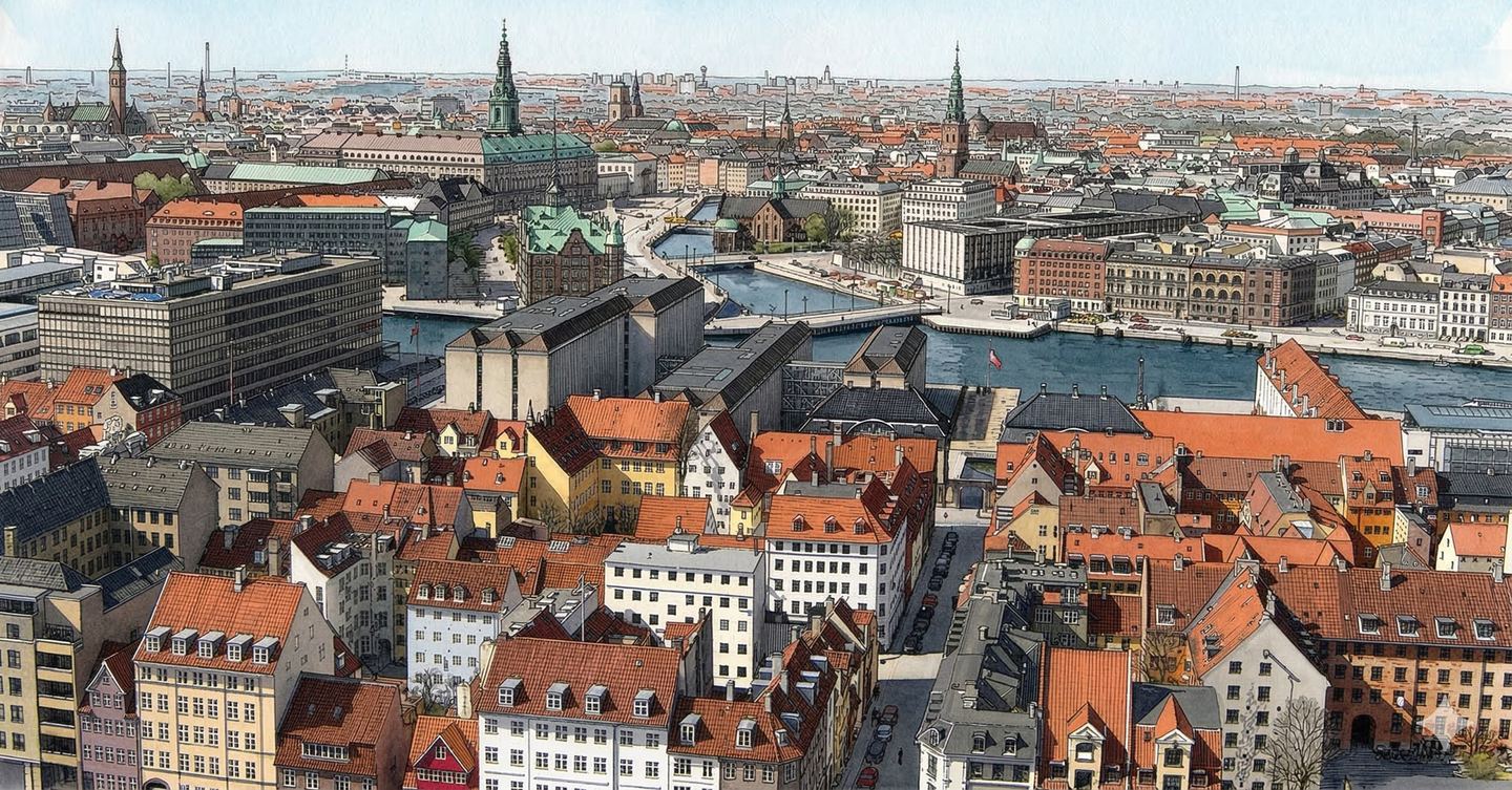 Hand-drawn illustration of the Copenhagen skyline